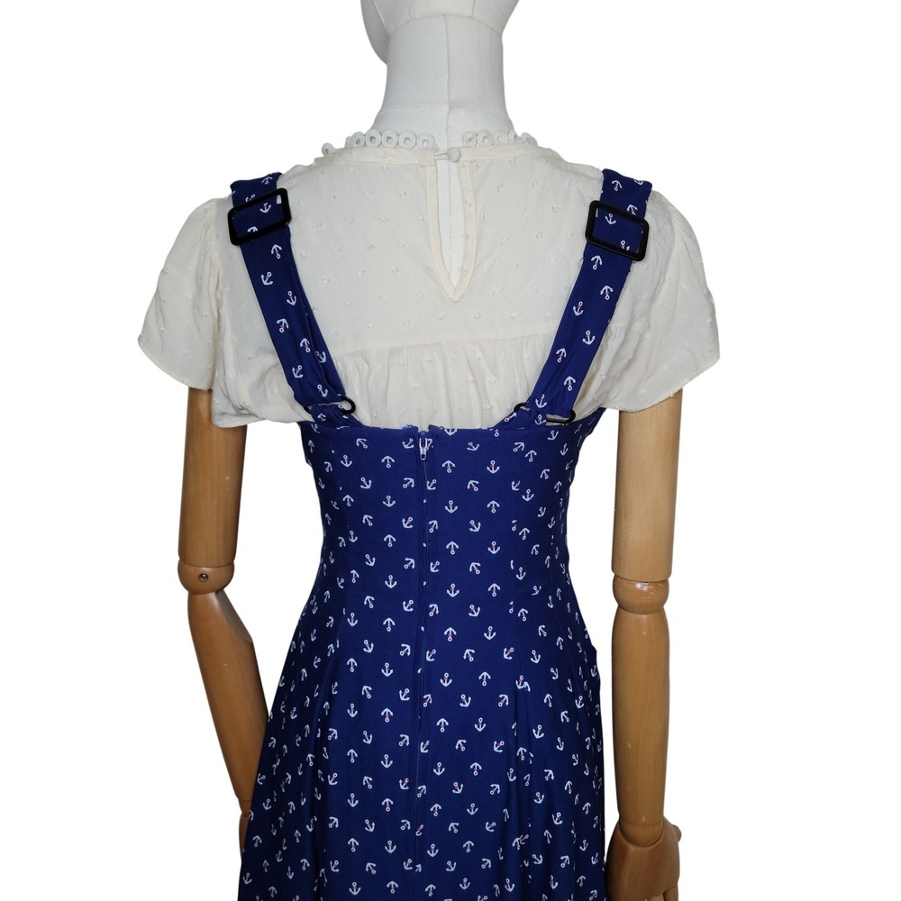 Unique Vintage Nautical Anchor Print Sailor Dress Retro Pin Up Midi Suspender XS - Picture 6 of 8